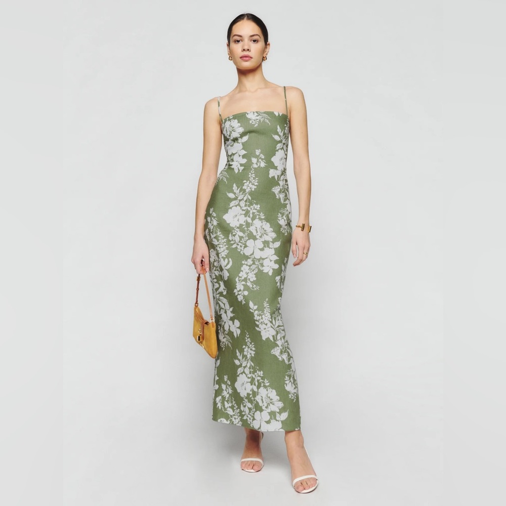 Reformation Olive Green and White Floral Maxi Dress